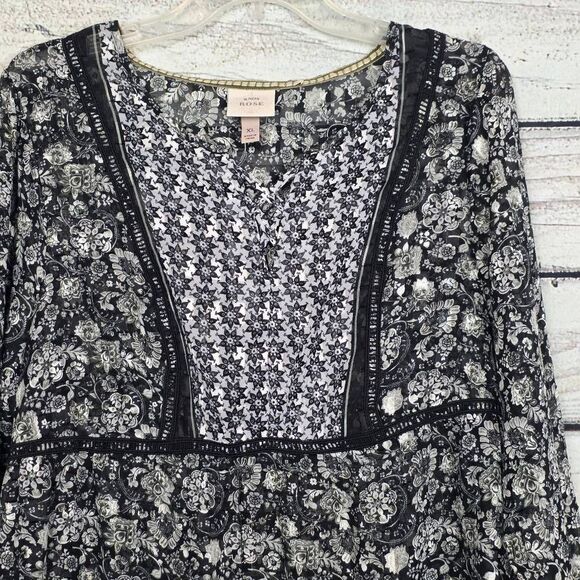 Knox Rose XL Black White Boho Floral Peasant Blouse - Picture 2 of 8